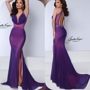 Johnathan Kayne Purple Backless Gown with Floral Details